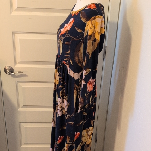 REBORN J Floral 3/4 Sleeve Maxi Dress with Pockets Navy Pink Yellow Size Large - Picture 2 of 12